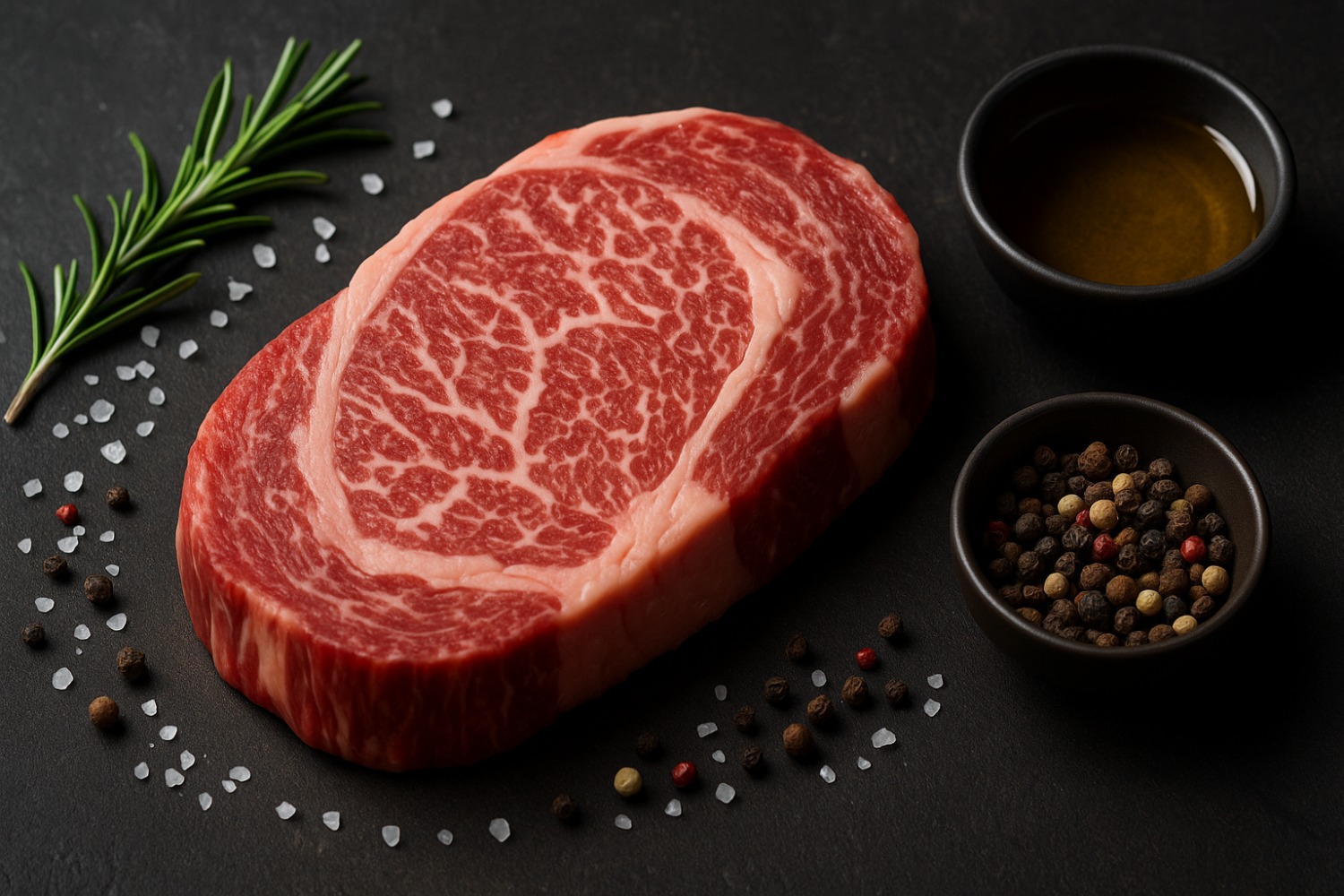 Mermerleşmiş Wagyu eti, karabiber, tuz ve zeytinyağı eşliğinde sunum için hazırlanmış