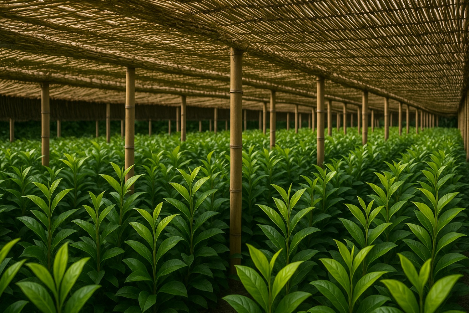 Bambu hasırlarla gölgelendirilmiş, canlı yeşil yapraklara sahip düzenli sıralı matcha çay tarlası.