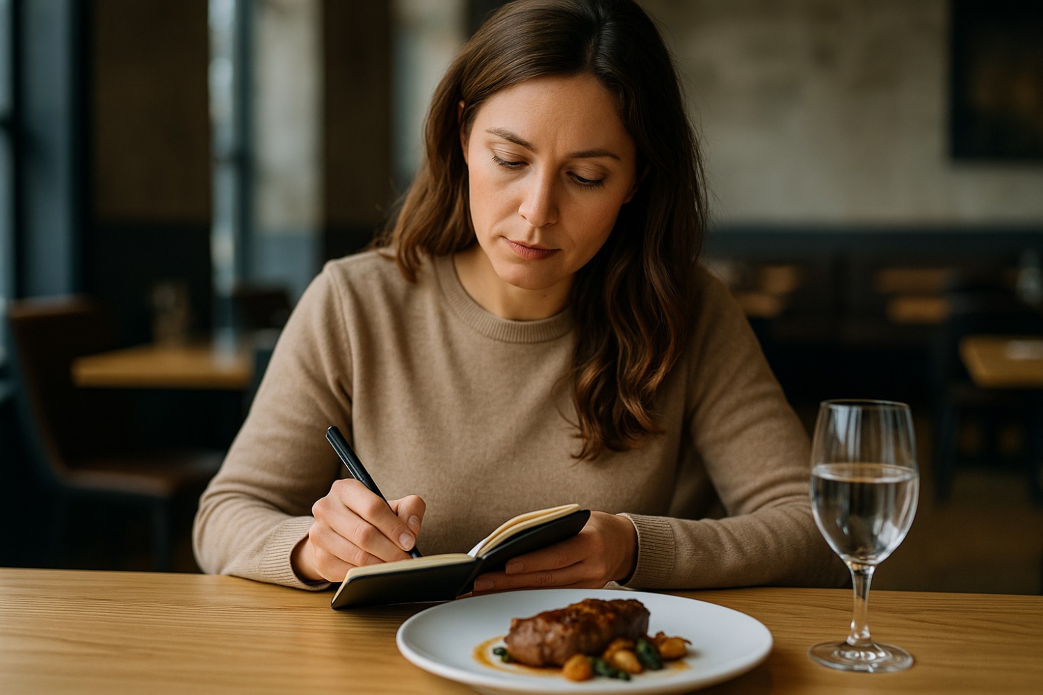 Michelin restoranı değerlendiren, defterine not alan kahverengi saçlı kadın müfettiş