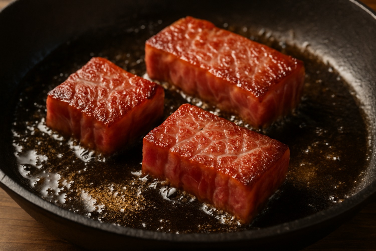 Tavada kızaran dikdörtgen kesilmiş Wagyu etleri, üstü karamelize olmuş ve yağda pişiyor