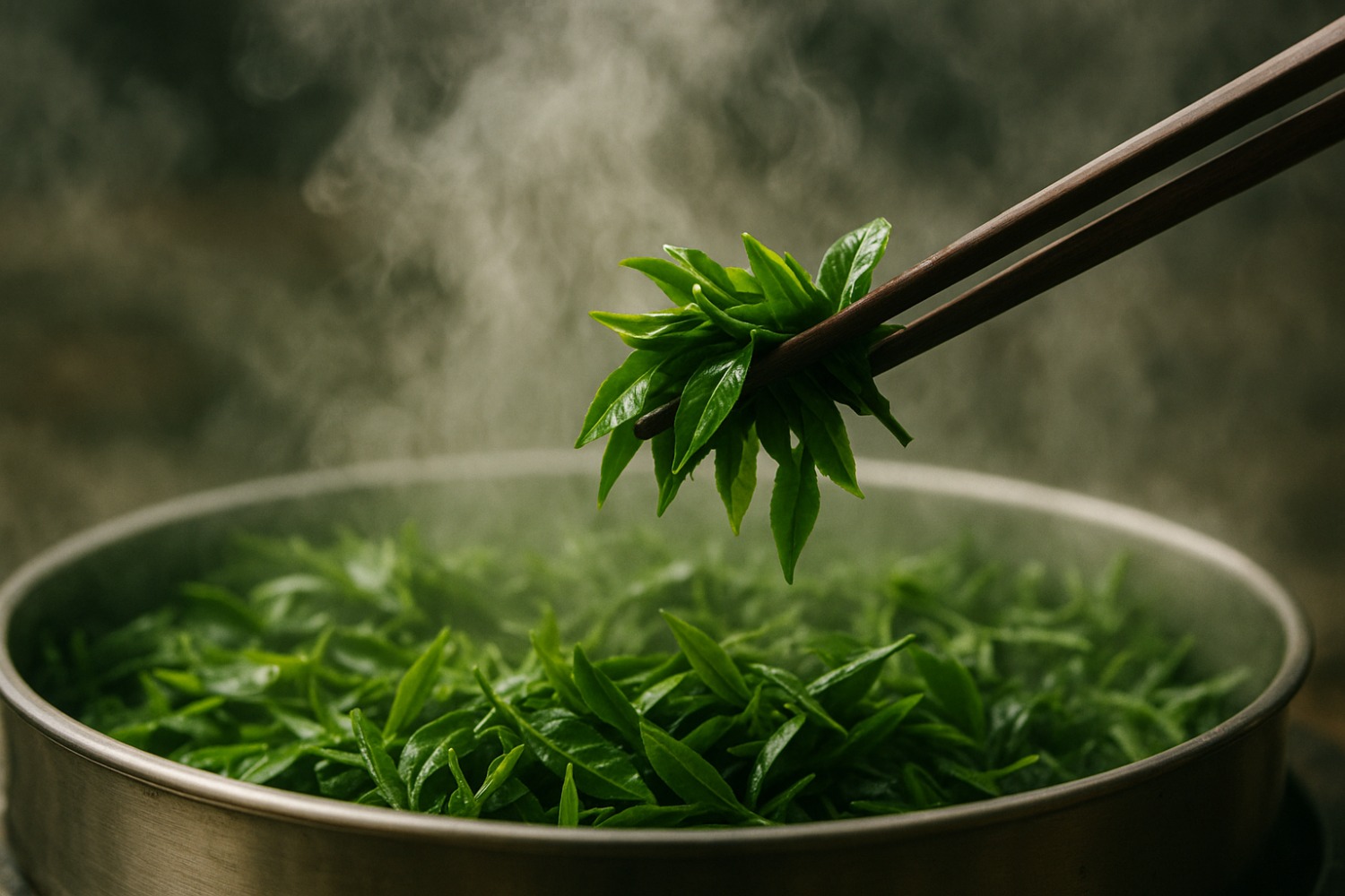 Buharda pişirilen taze yeşil çay yaprakları, paslanmaz çelik bir kapta yükselen buhar eşliğinde tahta chopstick'lerle tutuluyor.