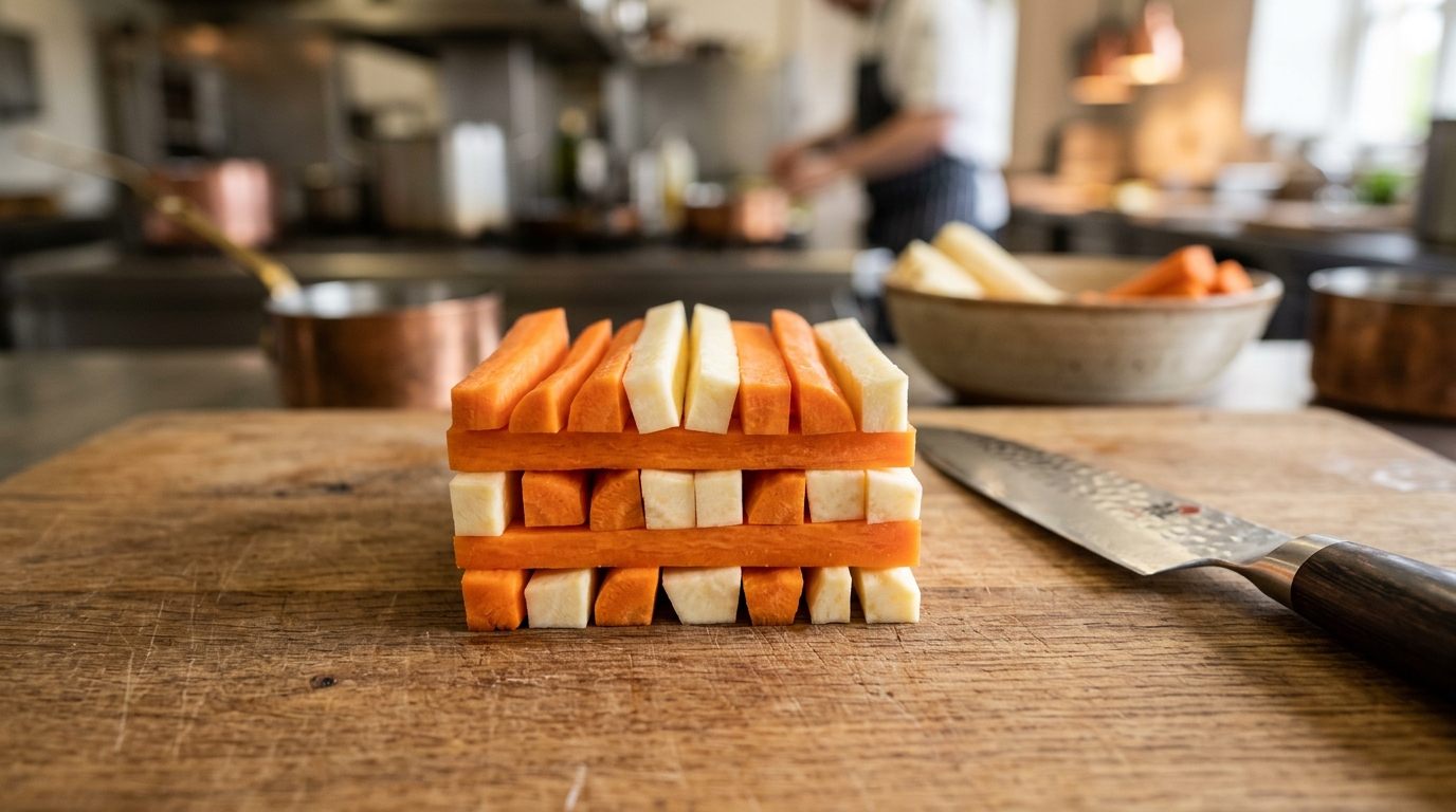 Uniform batonnet cut vegetable batons stacked neatly