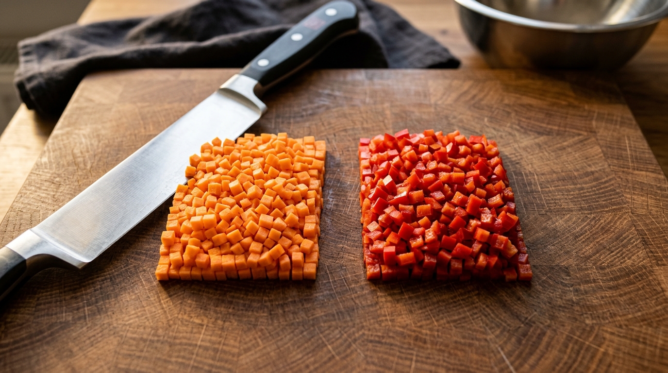 Brunoise cut micro-cubes beside a chef knife tip