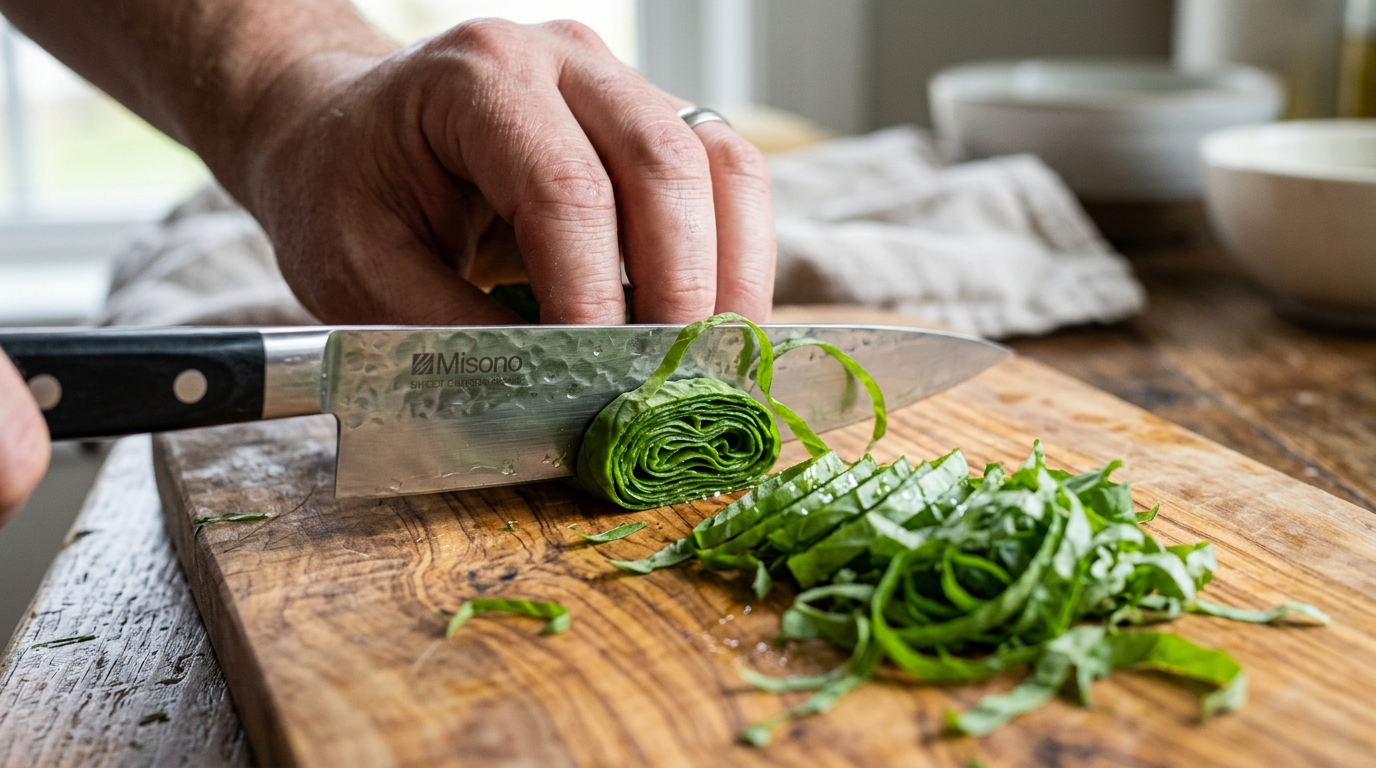 Chiffonade cut basil ribbons sliced from a rolled cylinder