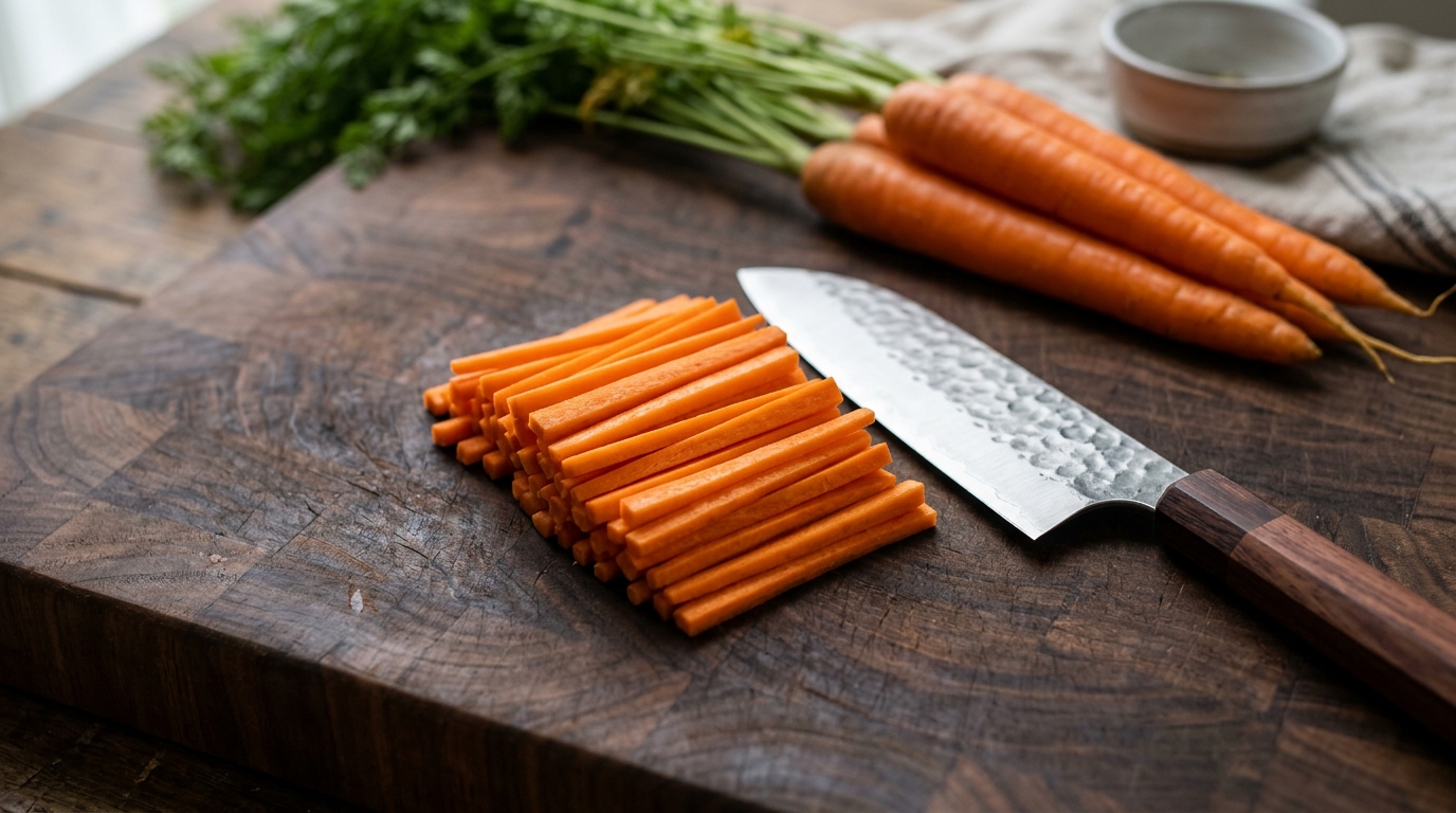 Crisp julienne cut carrot matchsticks on a wooden cutting board