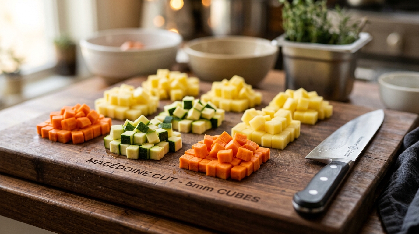 Macedoine cut medium vegetable cubes on dark wood