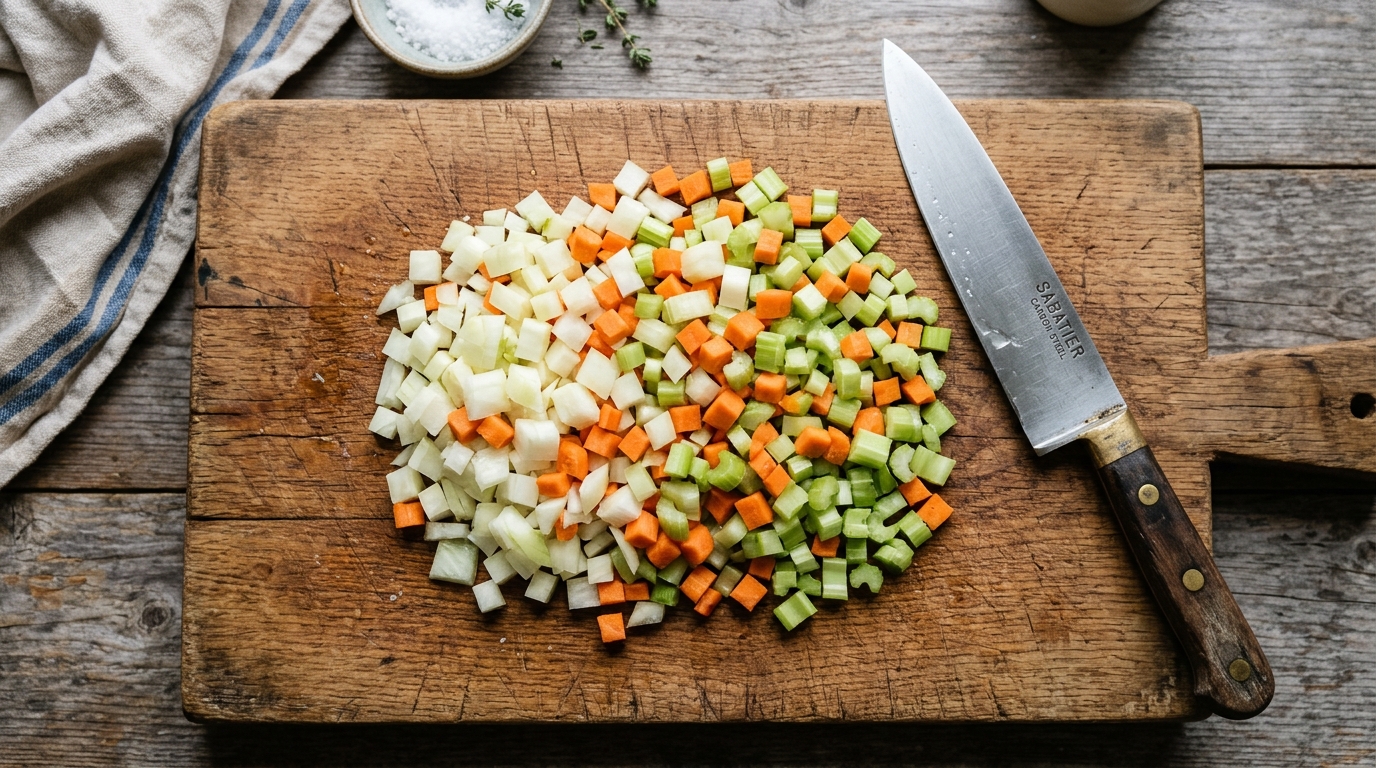 Classical Mirepoix trio of diced onion, carrot, and celery
