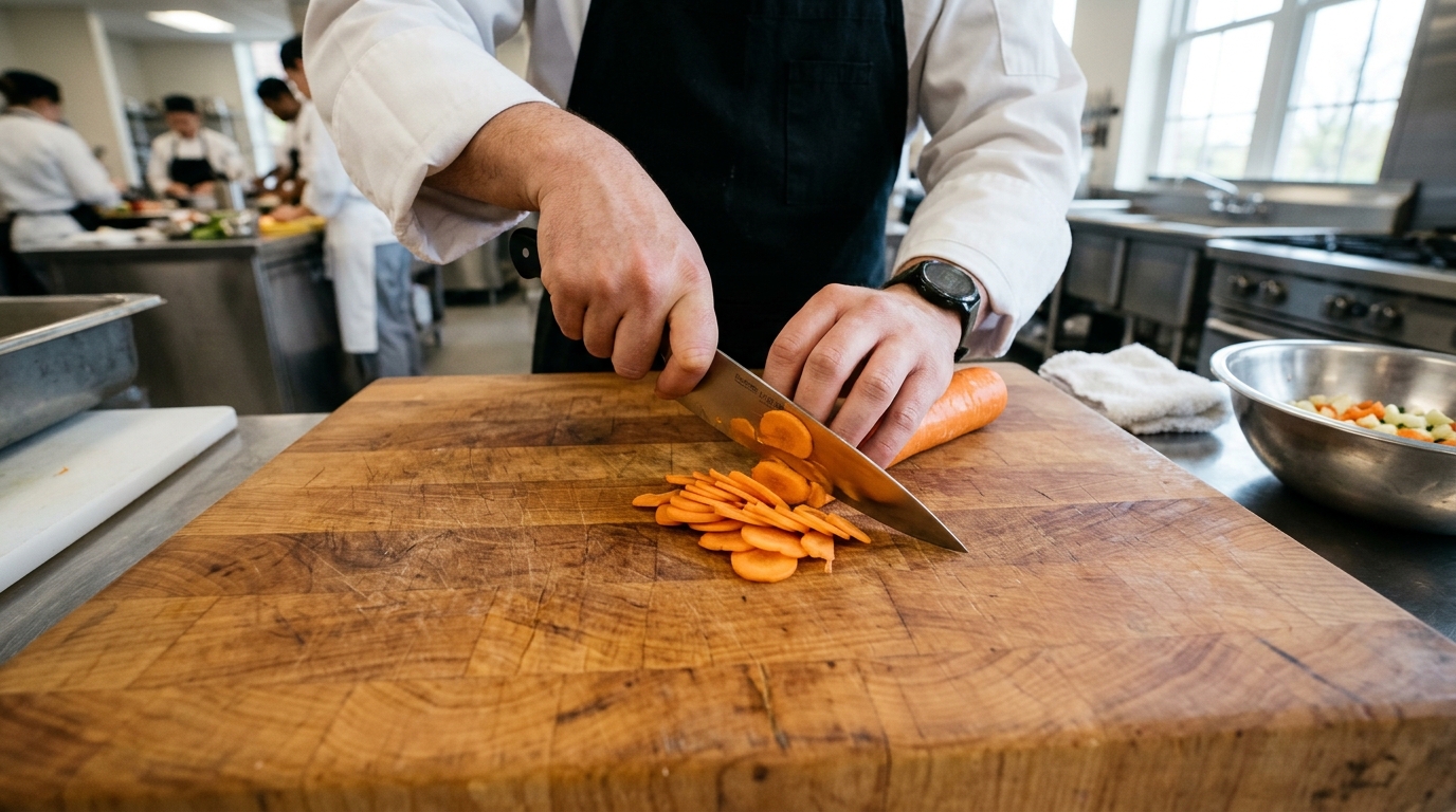 Chef's pinch grip and the protective claw technique on a cutting board