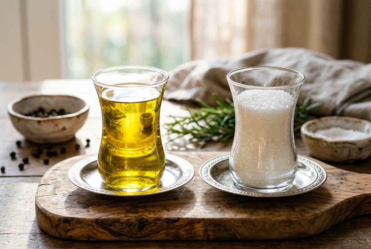 Geleneksel ince belli Türk çay bardağında sızma zeytinyağı ve toz şeker mutfak ölçüsü
