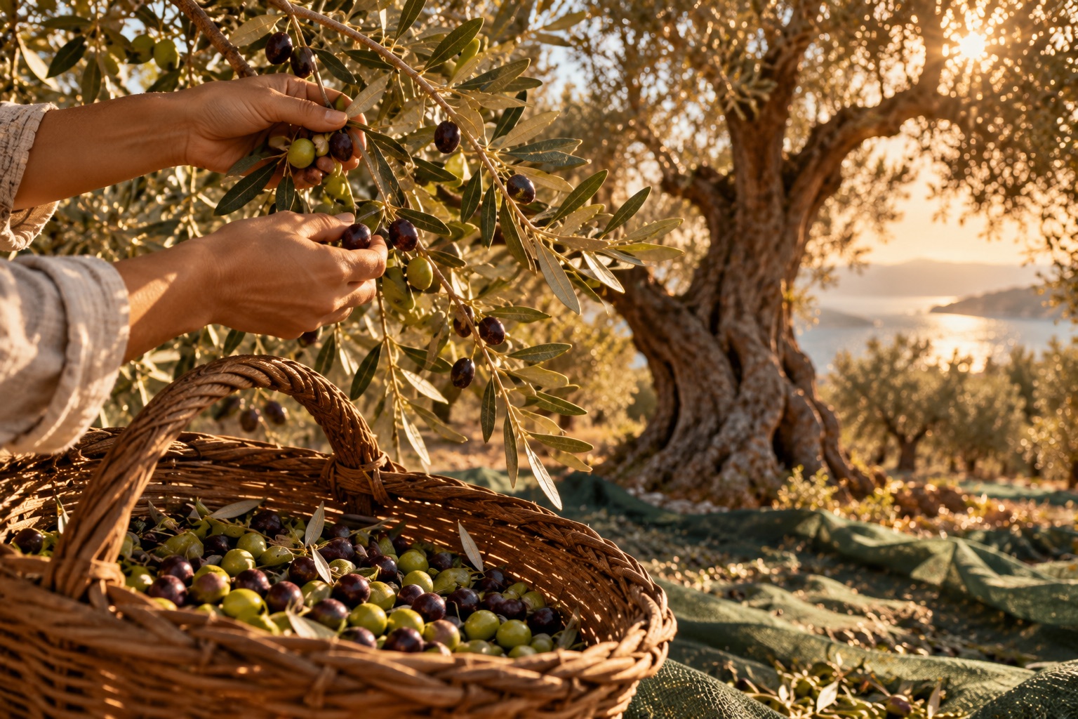 Yaşlı zeytin ağaçlarının altında elle toplanan yeşil ve mor zeytinler